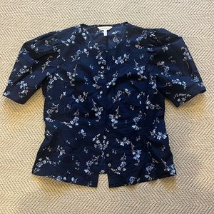Rebecca Taylor Navy Floral Cotton Top Puff Sleeve Sz 8